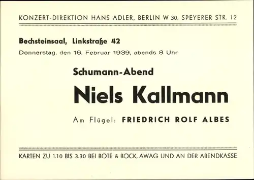 Ak Berlin Tiergarten, Schumann Abend, Niels Kallmann, Bechsteinsaal, Linkstraße 42, Konzert