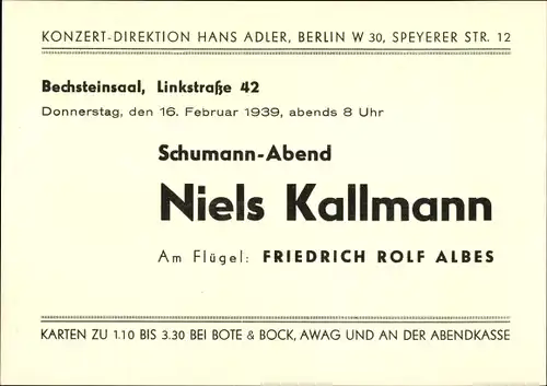 Ak Berlin Tiergarten, Schumann Abend, Niels Kallmann, Bechsteinsaal, Linkstraße 42, Konzert