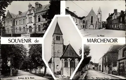 Ak Marchenoir Loir et Cher, l'Hopital, La Place, Avenue de la Gare, L'Eglise