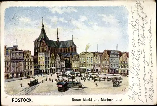 Litho Hansestadt Rostock, Neuer Markt, Marienkirche