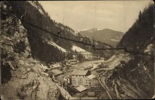 Ak Wägital Wäggithal Schwyz, Kraftwerk im Bau 1923, Staumauer im Schräh, Installationsbauten