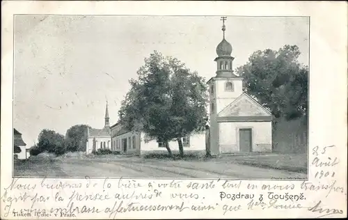 Ak Lázně Toušeň Mittelböhmen, Kapelle, Kirche, Straßenpartie