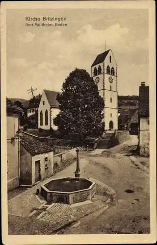 Ak Britzingen Müllheim im Kreis Breisgau Hochschwarzwald, Kirche, Brunnen