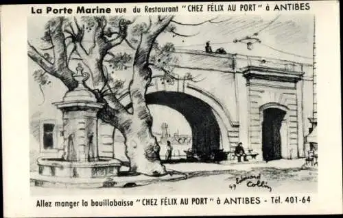 Künstler Ak Antibes Alpes Maritimes, La Porte Marine, Restaurant Chez Felix au Port