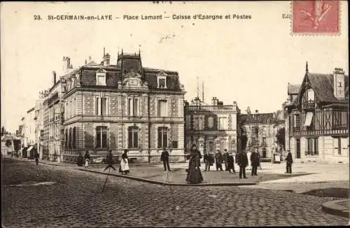 Ak Saint Germain en Laye Yvelines, Place Lamant, Caisse d'Epargne et Postes