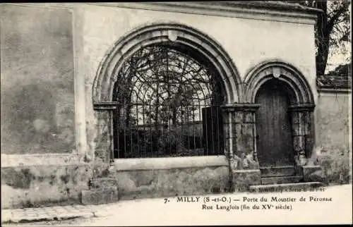 Ak Milly la Forêt Essonne, Porte du Moustier de Péronne, Rue Langlois