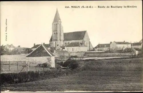 Ak Milly la Forêt Essonne, Route de Boutigny la Rivière, Église