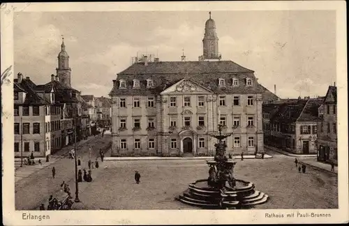 Ak Erlangen in Mittelfranken Bayern, Rathaus mit Paulibrunnen