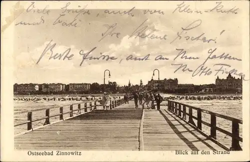 Ak Ostseebad Zinnowitz auf Usedom, Strand, Brücke, Hotels