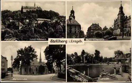 Ak Stollberg im Erzgebirge, Schloss Hoheneck, Rathaus, Markt, Marienkirche, Stadtbad