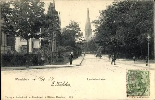 Ak Hamburg Wandsbek, Rennbahnstraße, Kirchturm, Passanten