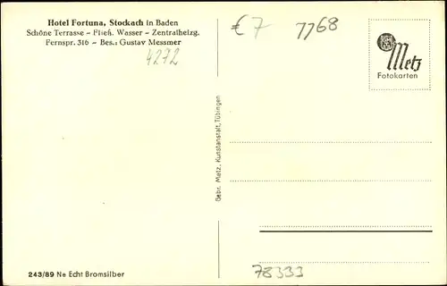 Ak Stockach im Hegau Baden Württemberg, Hotel Fortuna, Eckansicht, Eingang, Totale vom Ort