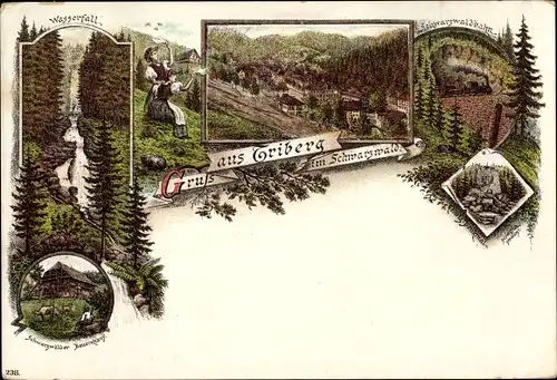 Litho Triberg im Schwarzwald, Wasserfall, Schwarzwaldbahn, Gerwig denkmal