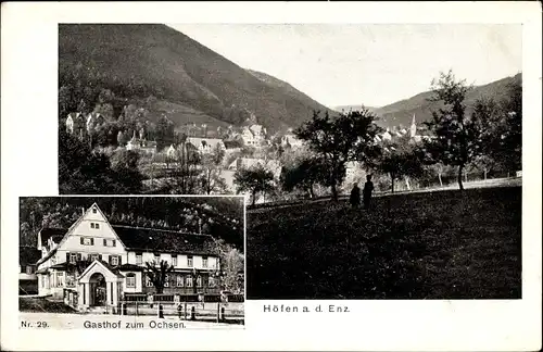 Ak Höfen an der Enz Landkreis Calw, Gasthof zum Ochsen, Blick zum Ort, Berge