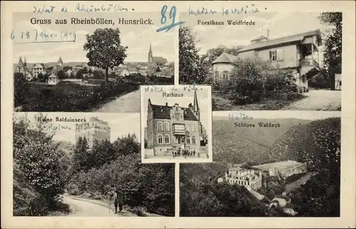 Ak Rheinböllen im Hunsrück Rheinland Pfalz, Forsthaus Waldfriede, Ruine Balduinseck, Schloss Waldeck