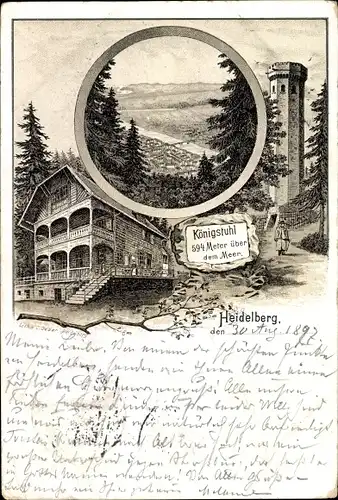 Litho Heidelberg am Neckar, Königstuhl, Turm, Totalansicht von Ort