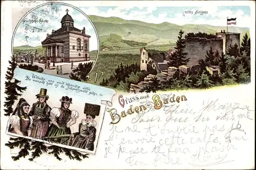 Litho Baden Baden im Stadtkreis Baden Württemberg, Griechische Kapelle, Altes Schloss, Trachten