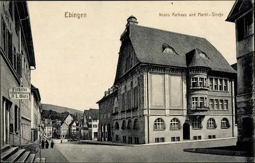 Ak Ebingen Albstadt im Zollernalbkreis, Neues Rathaus und Marktstraße, Farberei Dietz