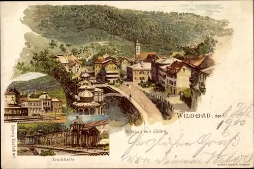 Litho Bad Wildbad im Kreis Calw Baden Württemberg, Vogelschau von Süden, Trinkhalle, König Karlsbad