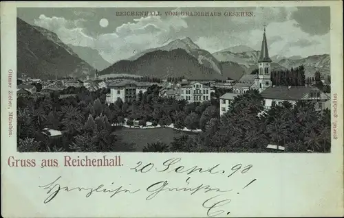 Mondschein Litho Bad Reichenhall in Oberbayern, Blick auf den Ort vom Gradierhaus aus, Kirche