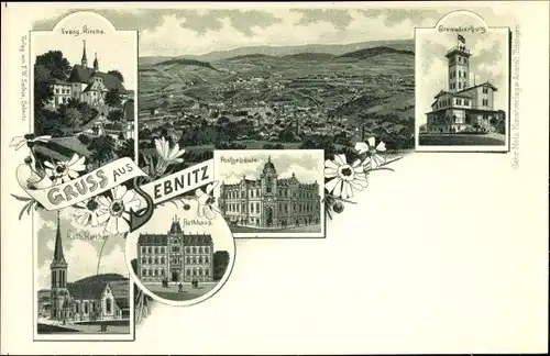 Litho Sebnitz in Sachsen, Ev. Kirche, Grenadierburg, Post, Rathaus, Kath. Kirche