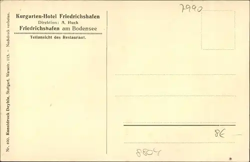 Ak Friedrichshafen am Bodensee, Kurgarten Hotel, Dir. A. Huck, Teilansicht des Restaurants