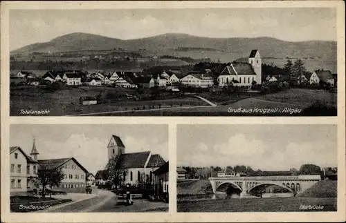 Ak Krugzell Altusried im Allgäu, Totalansicht der Ortschaft, Straßenpartie, Illerbrücke