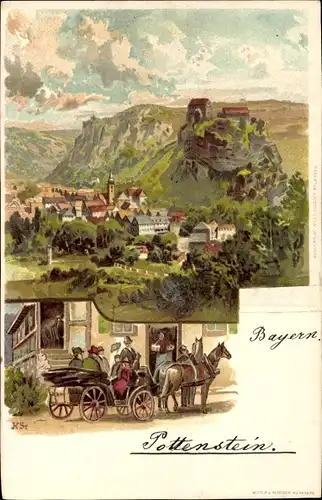 Künstler Litho Pottenstein im Kreis Bayreuth Oberfranken, Blick auf den Ort, Kutsche