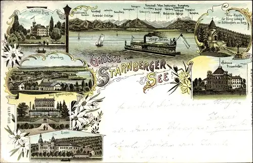 Litho Starnberg, Schloss Berg, Hotel Rottmannshöhe, Leoni, Possenhofen, Votivkapelle, Schiff Bavaria