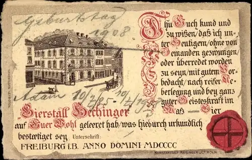 Passepartout Ak Freiburg im Breisgau, Hechingers Bierhalle Münchener Spaten, Urkunde