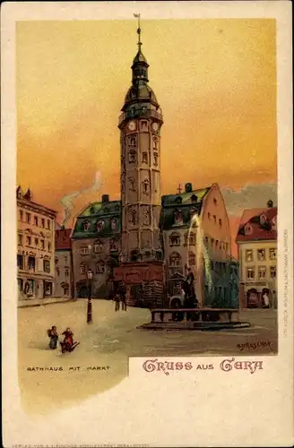 Künstler Litho Drescher, A., Gera in Thüringen, Rathaus mit Markt, Fontäne