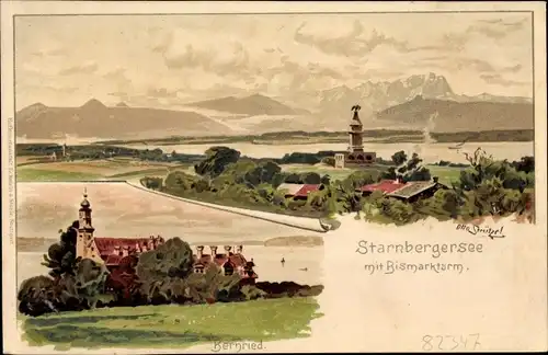 Künstler Litho Strützel, Otto, Bernried in Niederbayern, Starnberger See mit Bismarckturm