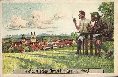 Ganzsachen Ak Platz, E., Kempten im Allgäu Schwaben, 12. Bayerisches Turnfest 1905, rauchende Männer