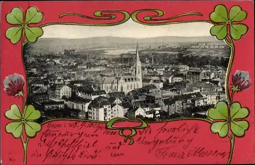 Passepartout Ak Hagen in Westfalen Ruhrgebiet, Blick auf Stadt und Kirche, Kleeblätter