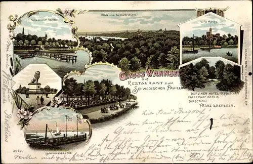 Litho Berlin Zehlendorf Wannsee, Blick vom Aussichtsturm, Schwedischer Pavillon, Villa Hardy