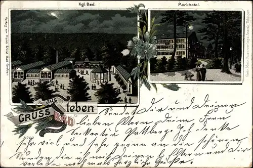 Mondschein Litho Bad Steben im Frankenwald Bayern, Parkhotel, Königliches Bad, Pavillon