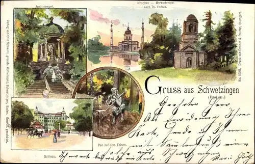 Litho Schwetzingen im Rhein Neckar Kreis, Moschee, Merkur Tempel, Apollo Tempel, Schloss, Pan