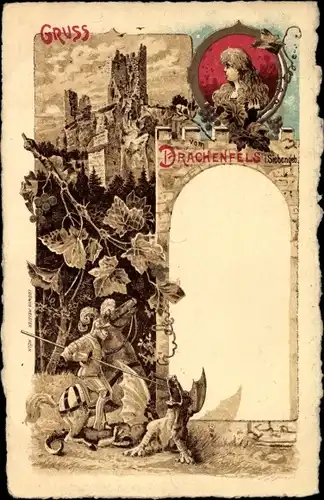 Litho Königswinter im Rhein Sieg Kreis, Drachenfels, Drachentöter