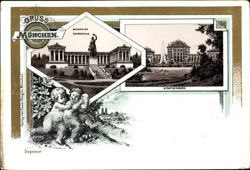 Litho München, Bavaria mit Ruhmeshalle, Nymphenburg, Parkansicht