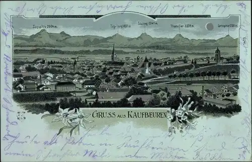 Mondschein Litho Kaufbeuren am Wertach in Schwaben, Panorama mit Zugspitze, Tegelberg, Säuling