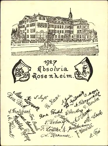 Studentika Künstler Ak Rosenheim im Alpenvorland Oberbayern, Absolvia 1927, Schulgebäude