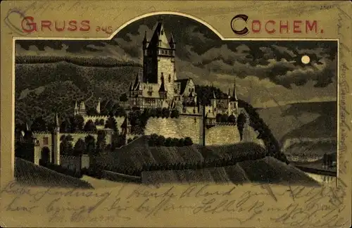 Mondschein Litho Cochem im Landkreis Cochem Zell Rheinland Pfalz, Blick auf das Schloss