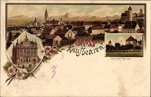 Litho Kaufbeuren am Wertach in Schwaben, Hexen Turm, Rathaus, Blick auf Stadt und Kirche