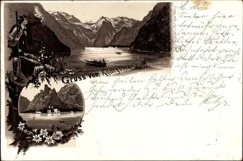 Vorläufer Litho Schönau am Königssee, Gesamtansicht des Sees, St. Bartholomä, Wanderer