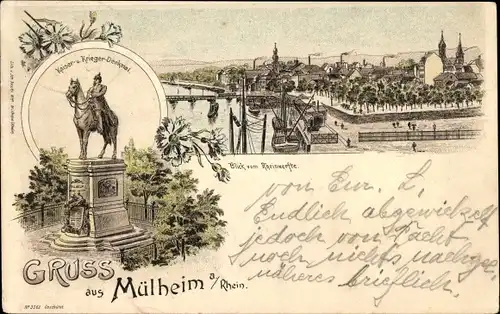 Litho Mülheim Köln, Kaiser und Kriegerdenkmal, Reiterstandbild, Ortspanorama mit Hafenpartie