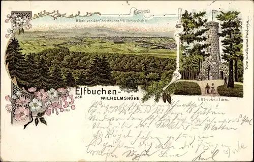 Litho Wilhelmshöhe Kassel in Hessen, Elfbuchen Turm, Blick von der Christbuche