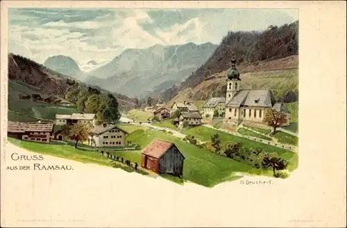 Künstler Litho Deuchert, H., Ramsau im Berchtesgadener Land Oberbayern, Ort, Kirche