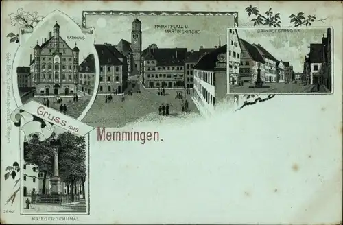 Mondschein Litho Memmingen an der Iller, Rathaus, Marktplatz, Martinskirche, Bahnhofstraße, Denkmal