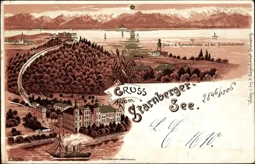 Sonnenschein Litho Starnberg in Oberbayern, Starnberger See, Blick v.d. Rottmannshöhe