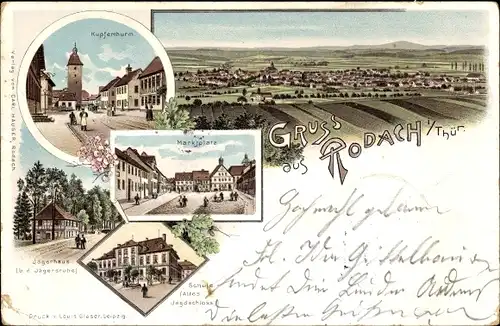 Litho Rodach Oberfranken, Kupferturm, Marktplatz, Jägerhaus, Schule